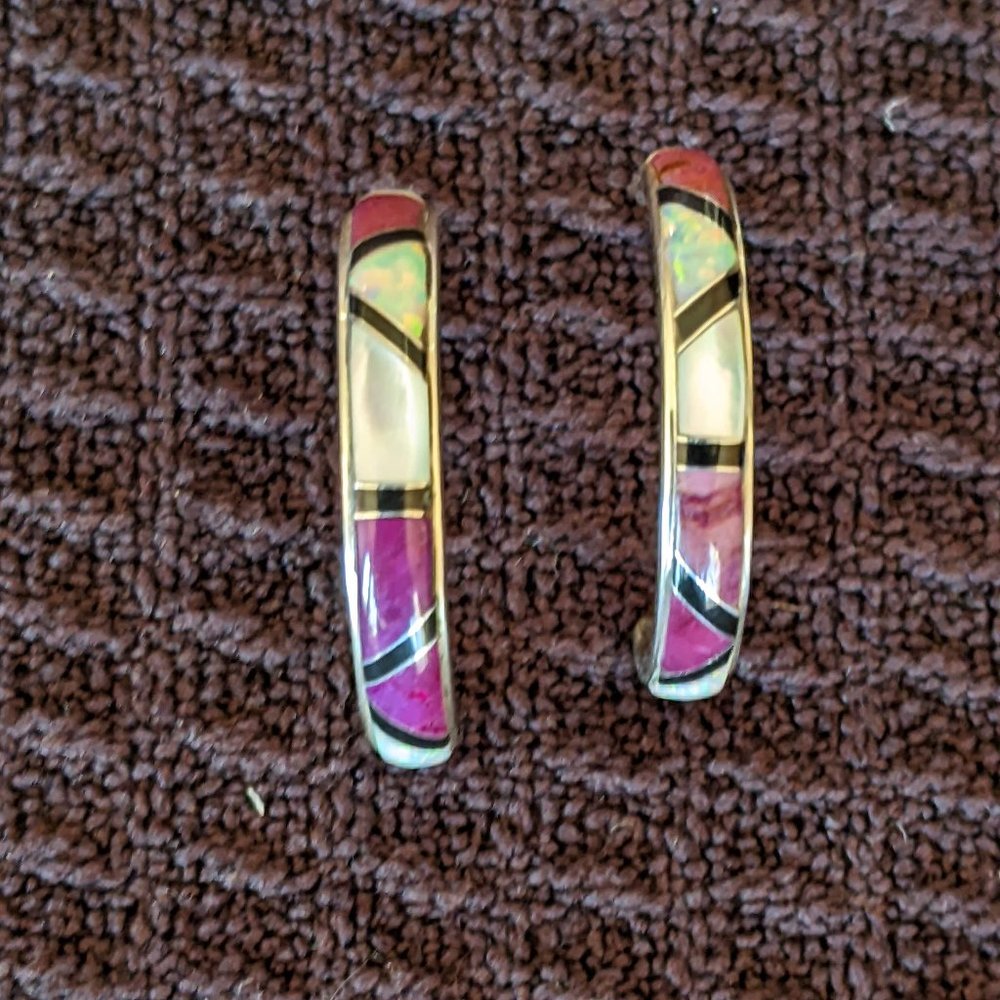 Native American inlaid Sugilite, onyx, mixed stone hoops
